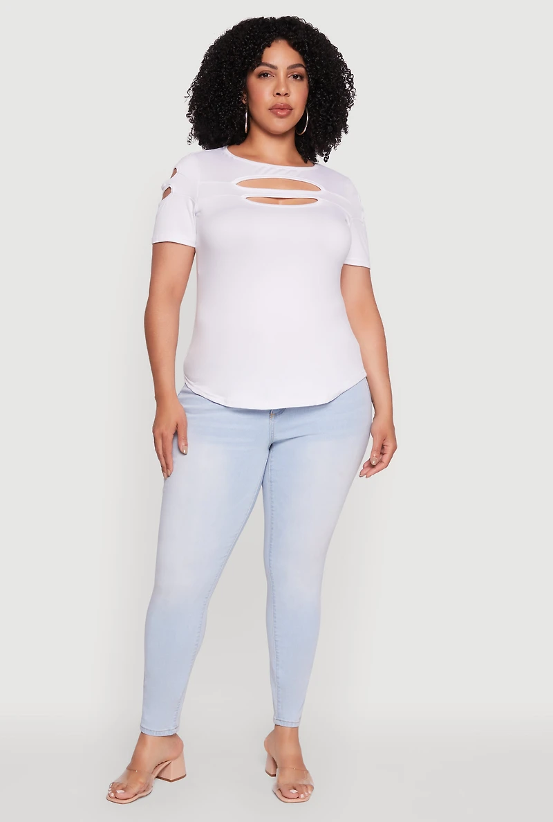 Womens Plus Size Double Keyhole Crew Neck T-Shirt, White, Size 1X