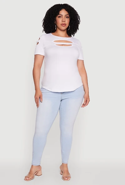 Womens Plus Size Double Keyhole Crew Neck T-Shirt, White, Size 1X