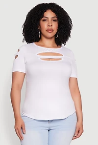 Womens Plus Size Double Keyhole Crew Neck T-Shirt, White, Size 1X