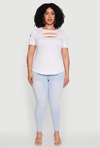 Womens Plus Size Double Keyhole Crew Neck T-Shirt, White, Size 1X