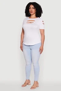 Womens Plus Size Double Keyhole Crew Neck T-Shirt, White, Size 1X