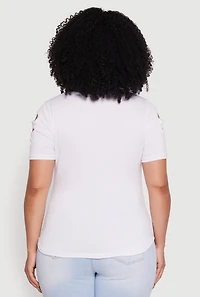 Womens Plus Size Double Keyhole Crew Neck T-Shirt, White, Size 1X