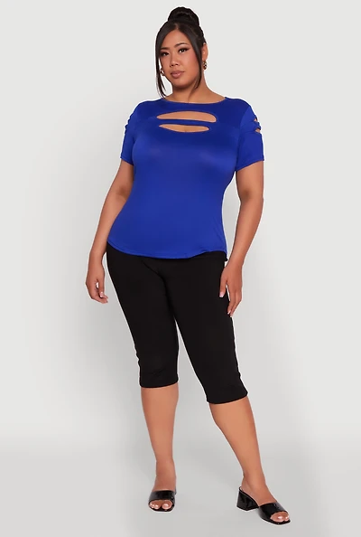 Womens Plus Size Double Keyhole Crew Neck T-Shirt, Blue, Size 1X