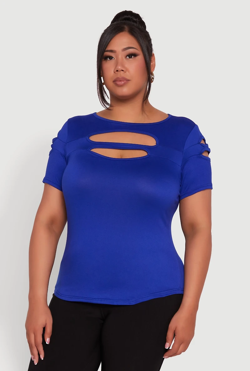 Womens Plus Double Keyhole Crew Neck T-Shirt, Blue,