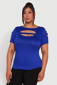 Womens Plus Size Double Keyhole Crew Neck T-Shirt, Blue, Size 1X