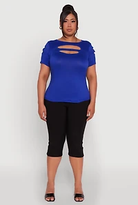 Womens Plus Double Keyhole Crew Neck T-Shirt, Blue,