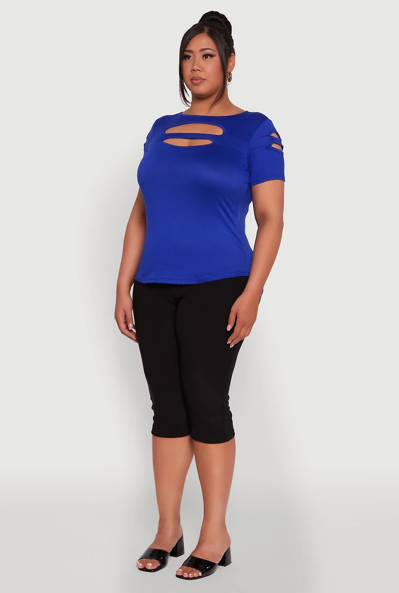 Womens Plus Double Keyhole Crew Neck T-Shirt, Blue,