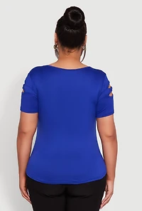 Womens Plus Size Double Keyhole Crew Neck T-Shirt, Blue, Size 1X