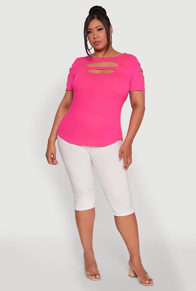 Womens Plus Double Keyhole Crew Neck T-Shirt, 1X