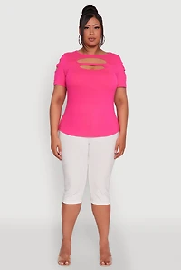 Womens Plus Size Double Keyhole Crew Neck T-Shirt, Pink, Size 4X