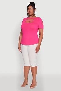 Womens Plus Double Keyhole Crew Neck T-Shirt, 1X