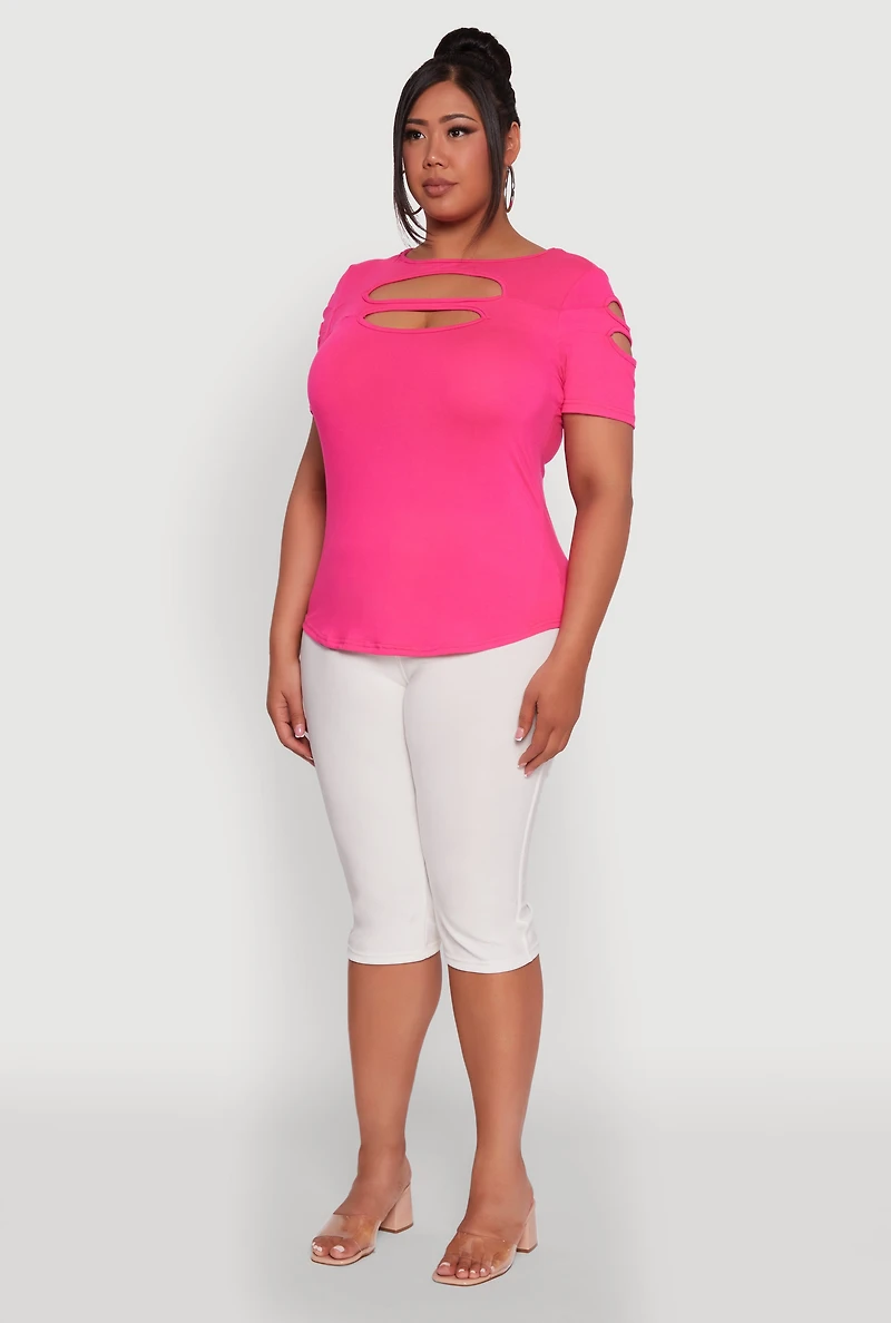 Womens Plus Size Double Keyhole Crew Neck T-Shirt, Pink, Size 4X