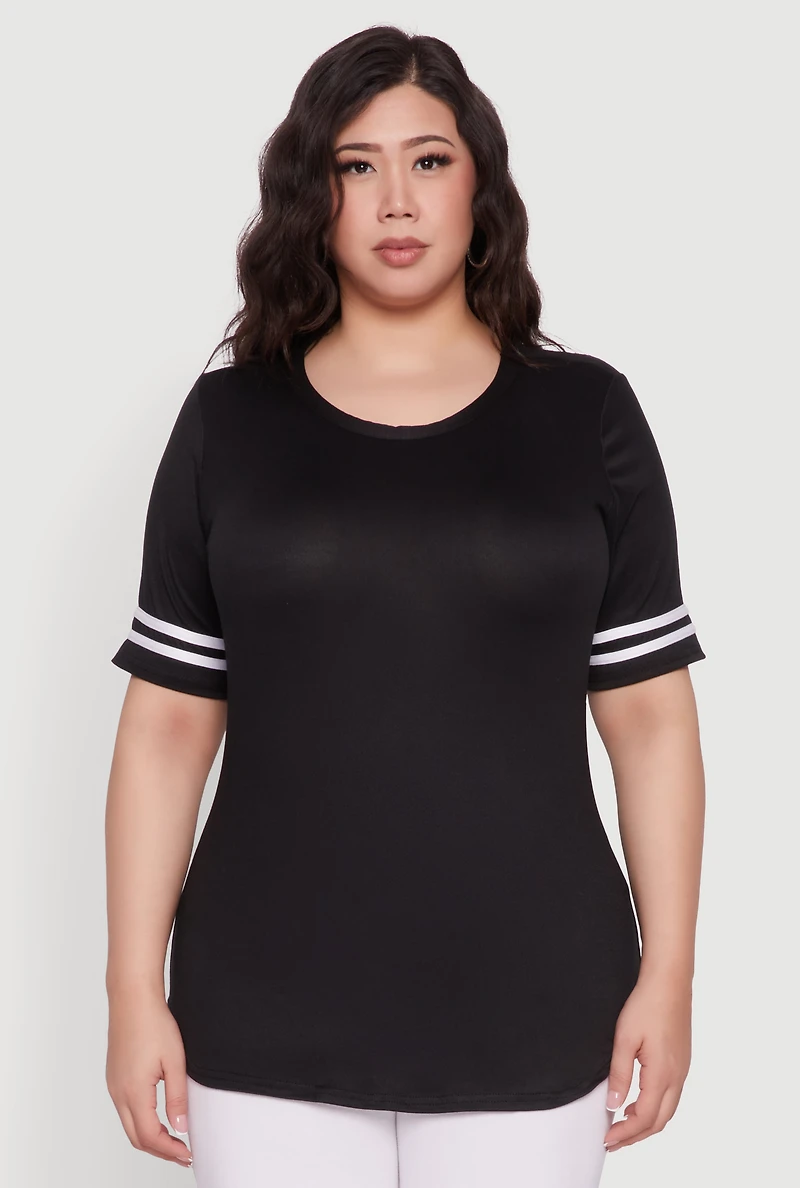 Womens Plus Varsity Stripe Detail Short Sleeve Tee, 1X