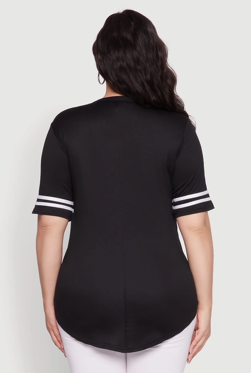Womens Plus Varsity Stripe Detail Short Sleeve Tee, Black,