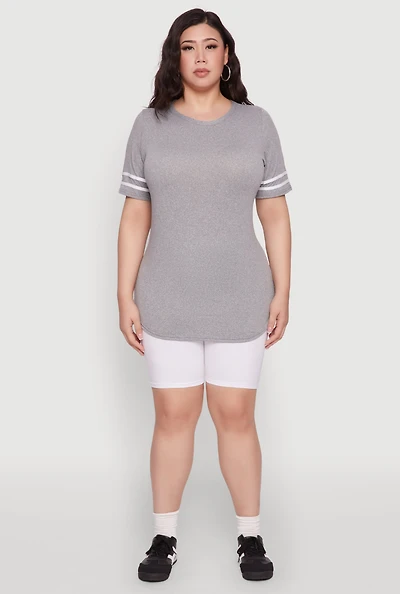 Womens Plus Size Varsity Stripe Detail Short Sleeve Tee, Grey, Size 3X