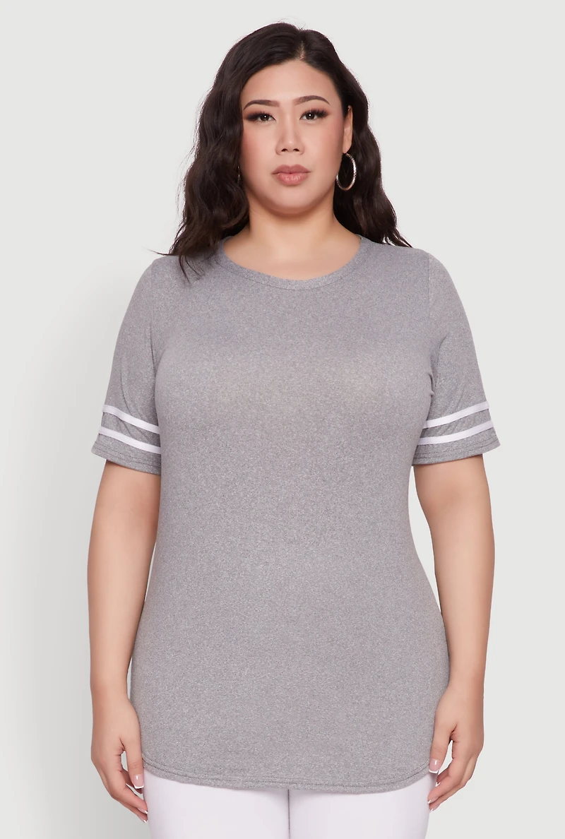 Womens Plus Varsity Stripe Detail Short Sleeve Tee, 1X