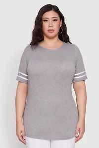 Womens Plus Varsity Stripe Detail Short Sleeve Tee, 1X