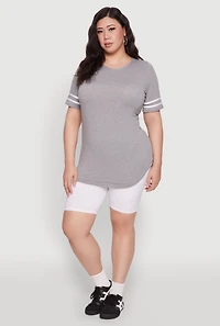 Womens Plus Size Varsity Stripe Detail Short Sleeve Tee, Grey, Size 3X