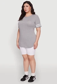 Womens Plus Size Varsity Stripe Detail Short Sleeve Tee, Grey, Size 3X