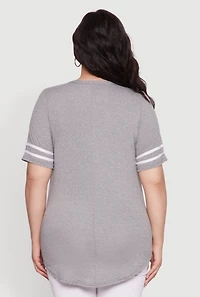 Womens Plus Size Varsity Stripe Detail Short Sleeve Tee, Grey, Size 3X