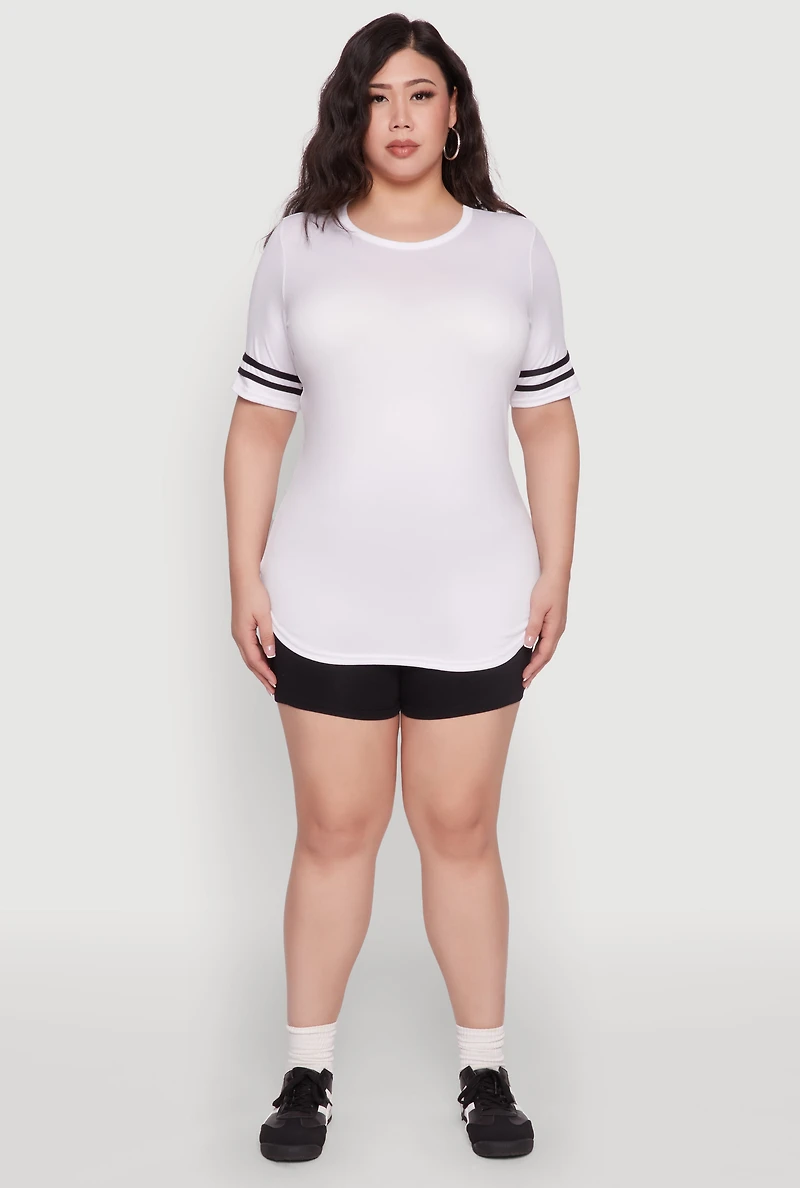 Womens Plus Size Varsity Stripe Detail Short Sleeve Tee, White, Size 1X