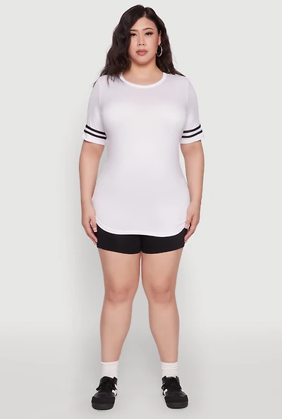 Womens Plus Size Varsity Stripe Detail Short Sleeve Tee, White, Size 1X