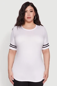 Womens Plus Size Varsity Stripe Detail Short Sleeve Tee, White, Size 1X