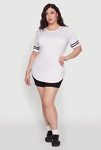 Womens Plus Size Varsity Stripe Detail Short Sleeve Tee, White, Size 1X
