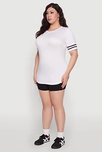 Womens Plus Size Varsity Stripe Detail Short Sleeve Tee, White, Size 1X