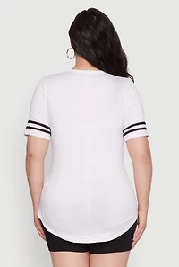 Womens Plus Size Varsity Stripe Detail Short Sleeve Tee, White, Size 1X