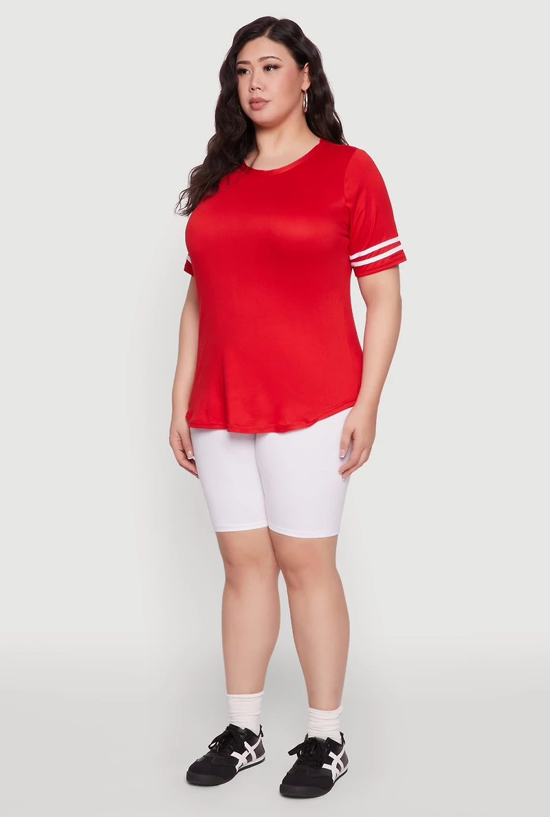 Womens Plus Varsity Stripe Detail Short Sleeve Tee, Red,