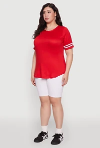 Womens Plus Varsity Stripe Detail Short Sleeve Tee, Red,