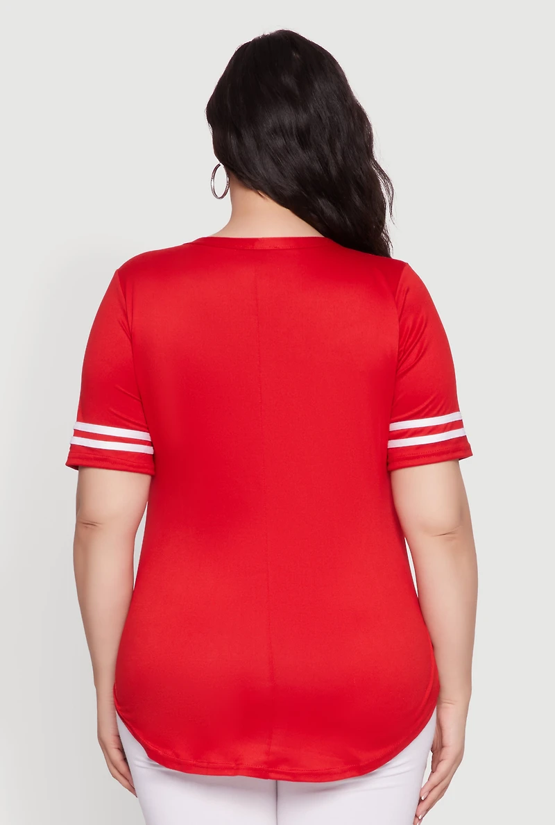 Womens Plus Varsity Stripe Detail Short Sleeve Tee, Red,
