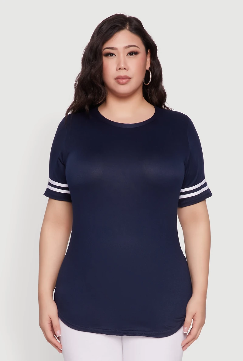 Womens Plus Size Varsity Stripe Detail Short Sleeve Tee, Blue, Size 2X