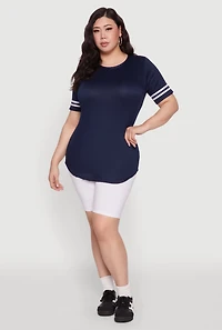 Womens Plus Size Varsity Stripe Detail Short Sleeve Tee, Blue, Size 2X