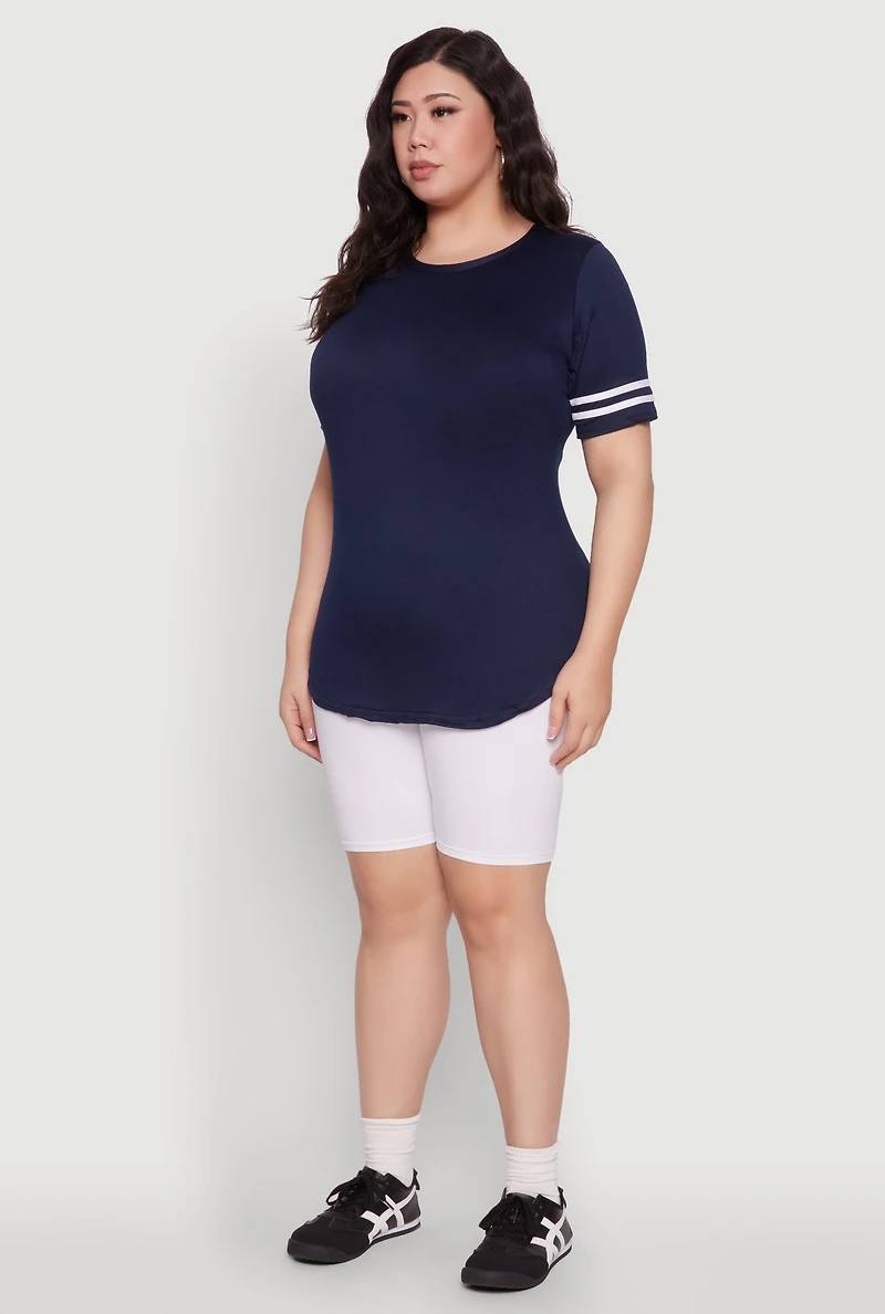Womens Plus Size Varsity Stripe Detail Short Sleeve Tee, Blue, Size 2X