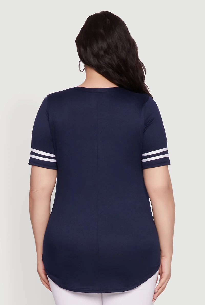 Womens Plus Size Varsity Stripe Detail Short Sleeve Tee, Blue, Size 2X