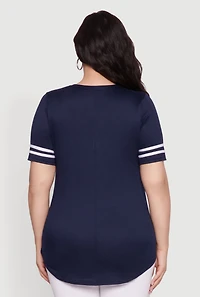 Womens Plus Size Varsity Stripe Detail Short Sleeve Tee, Blue, Size 2X