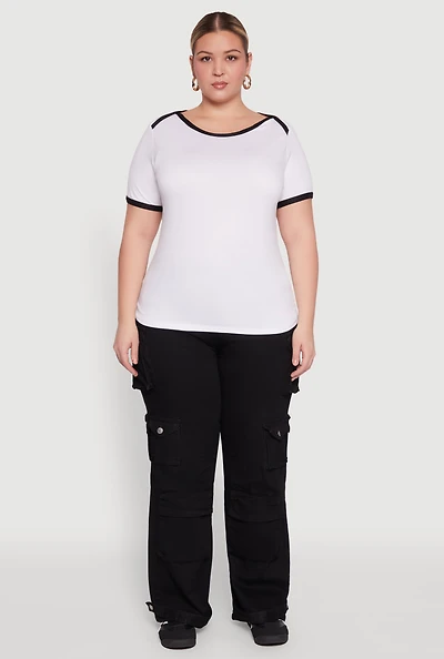 Womens Plus Size Contrast Trim Short Sleeve Top, White, Size 4X