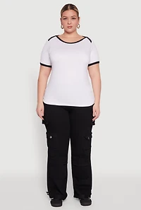 Womens Plus Size Contrast Trim Short Sleeve Top, White, Size 4X
