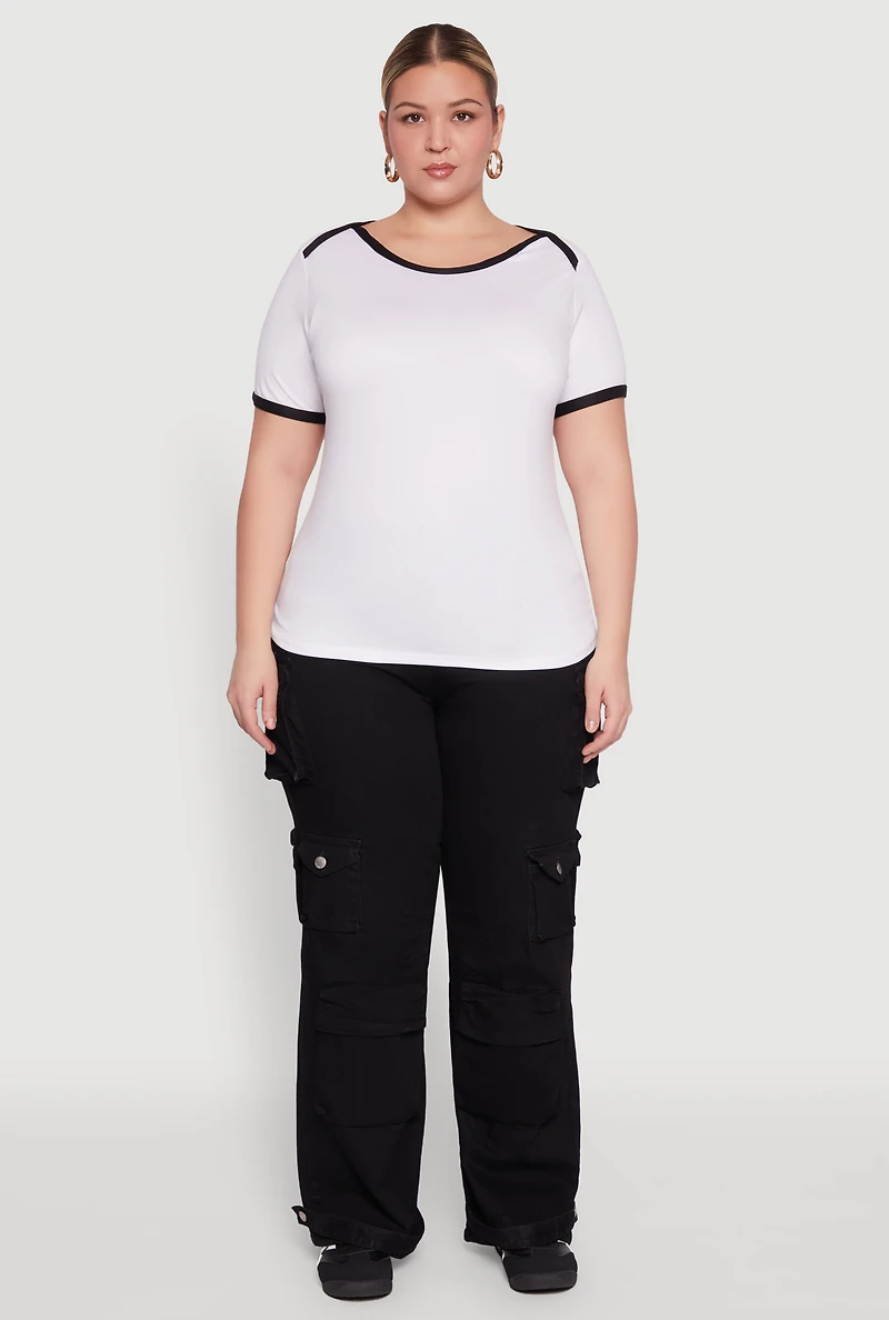Womens Plus Contrast Trim Short Sleeve Top, White,