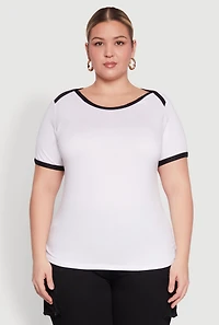 Womens Plus Size Contrast Trim Short Sleeve Top, White, Size 4X