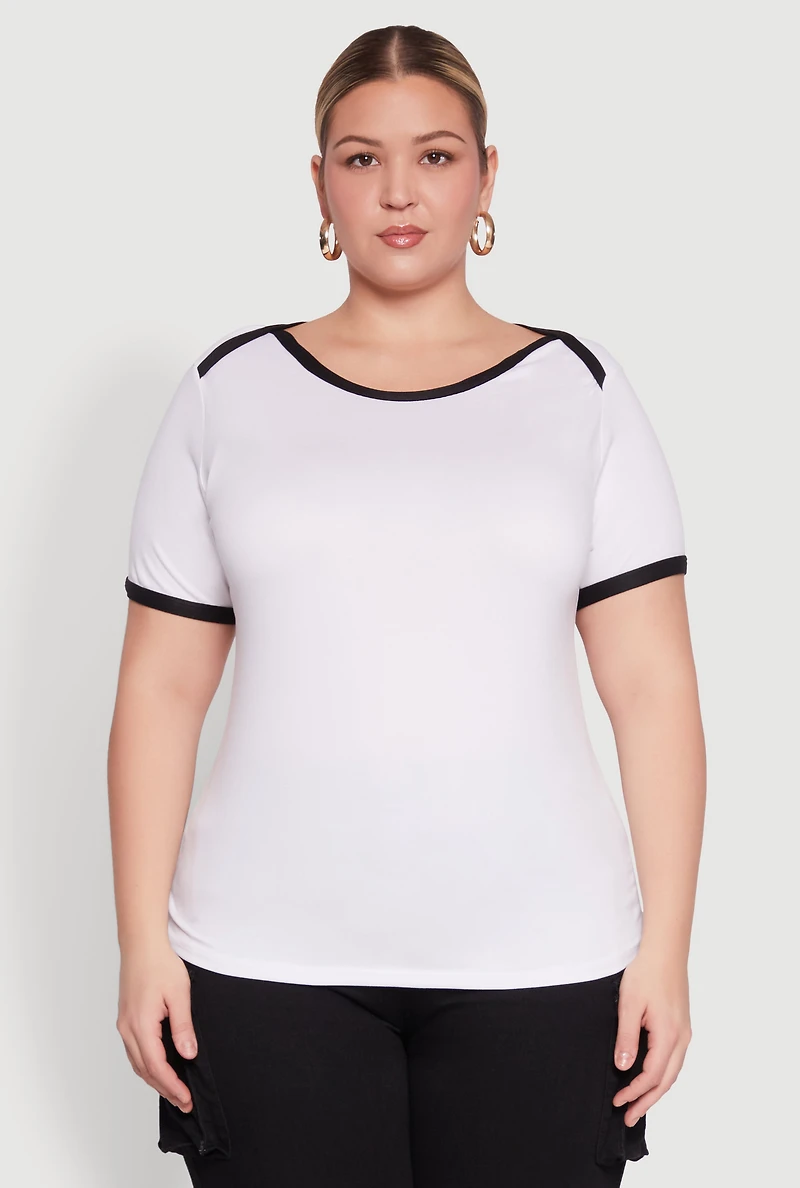 Womens Plus Contrast Trim Short Sleeve Top, White,