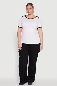 Womens Plus Size Contrast Trim Short Sleeve Top, White, Size 4X