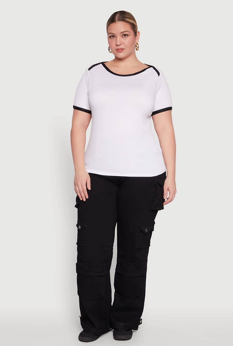 Womens Plus Contrast Trim Short Sleeve Top, White,