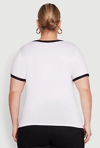 Womens Plus Size Contrast Trim Short Sleeve Top, White, Size 4X