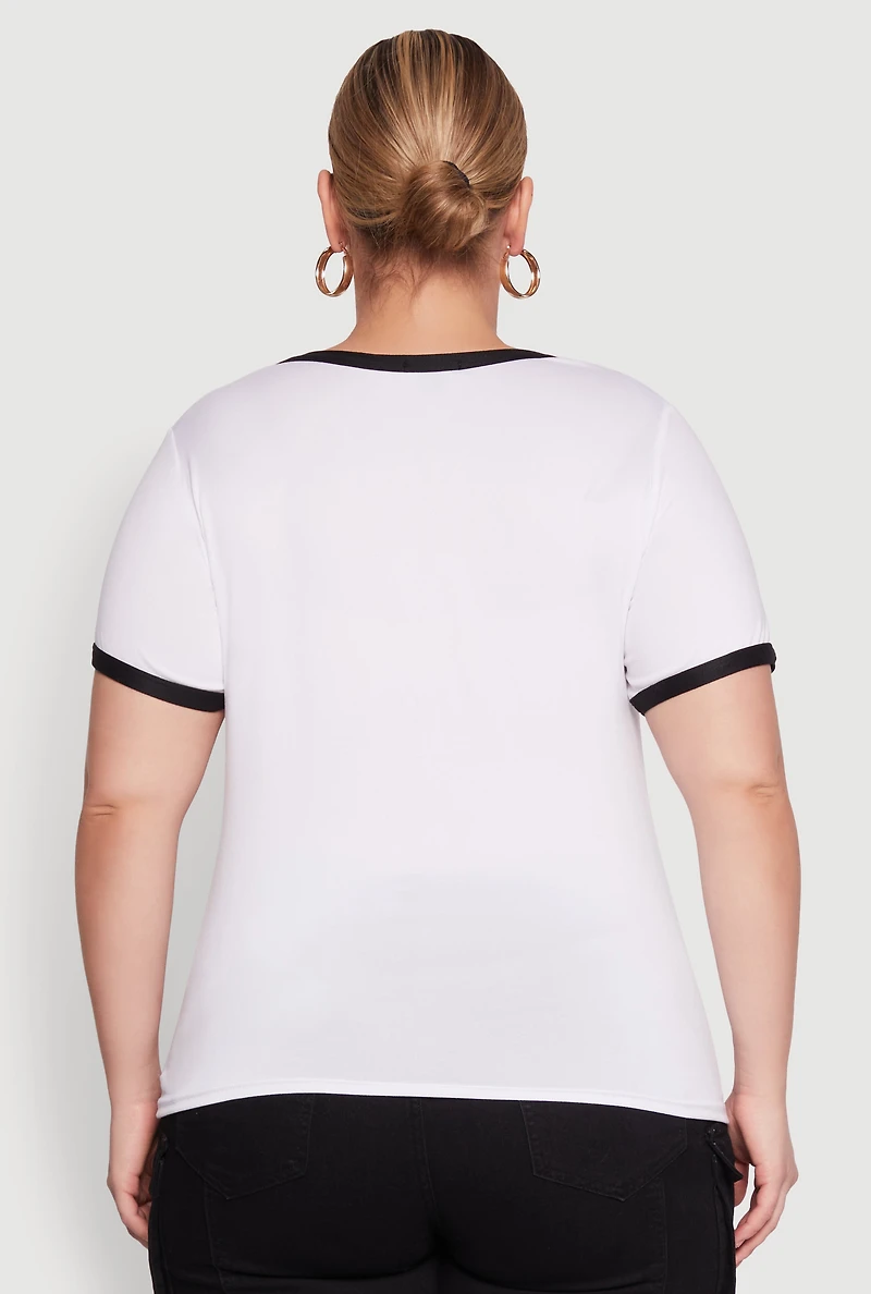 Womens Plus Contrast Trim Short Sleeve Top, White,