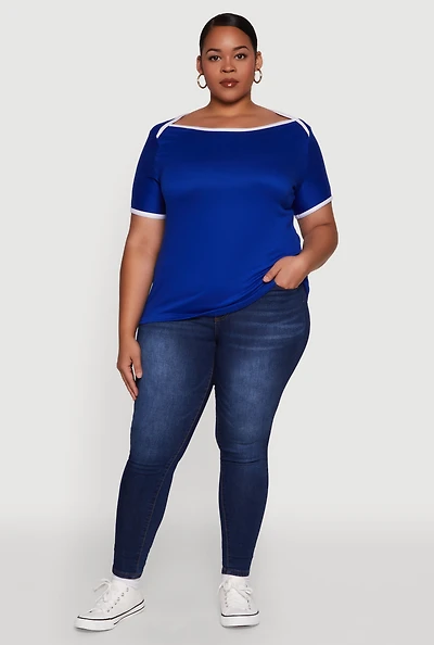 Womens Plus Contrast Trim Short Sleeve Top, 1X