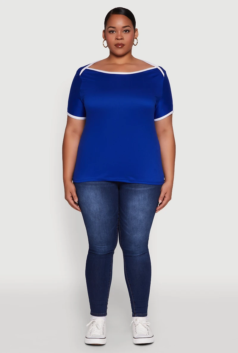 Womens Plus Contrast Trim Short Sleeve Top, 1X