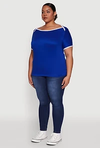 Womens Plus Contrast Trim Short Sleeve Top, 1X